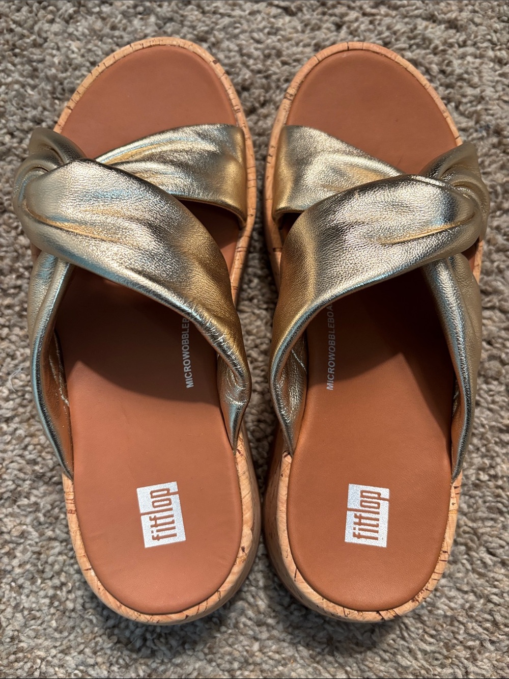 Fitflop F-Mode Leather Twist Platino Gold Cork Slide Sandal Size 6 - Picture 5 of 10